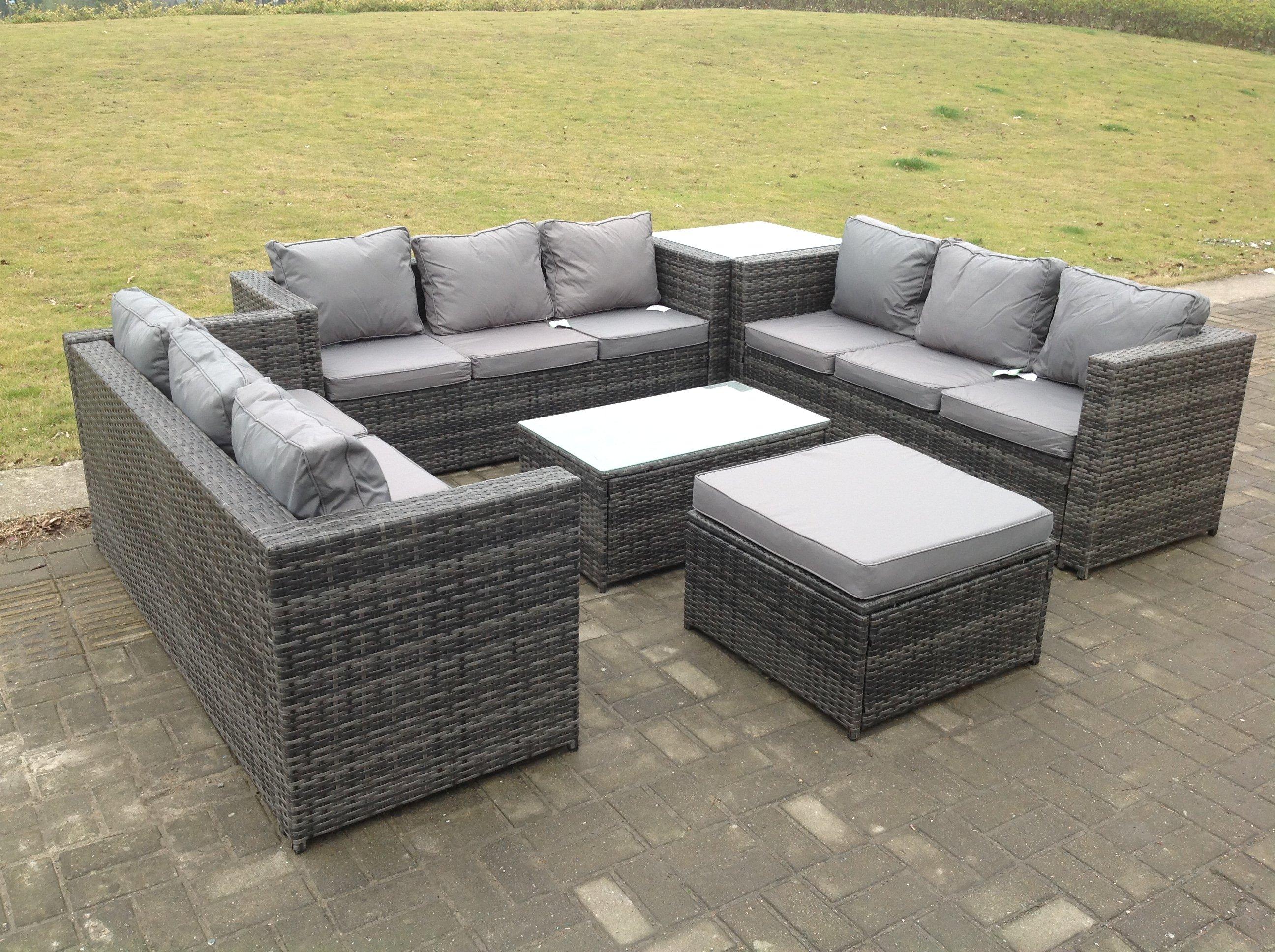 Outdoor Rattan Garden Furniture Lounge Sofa Set With Oblong Coffee Table And Side Tall High Table